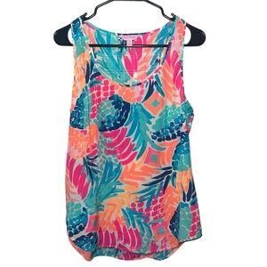 Lilly Pulitzer Alyssa Blouse 100% Silk Vibrant Pink and Blue Tank Top Medium